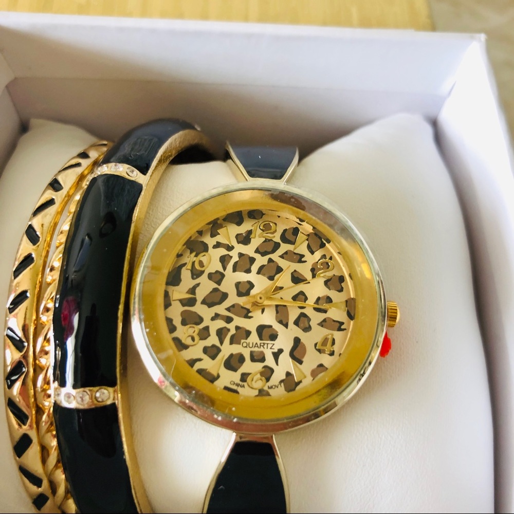Quartz Cheetah Print Watch Bangle Set - image 3